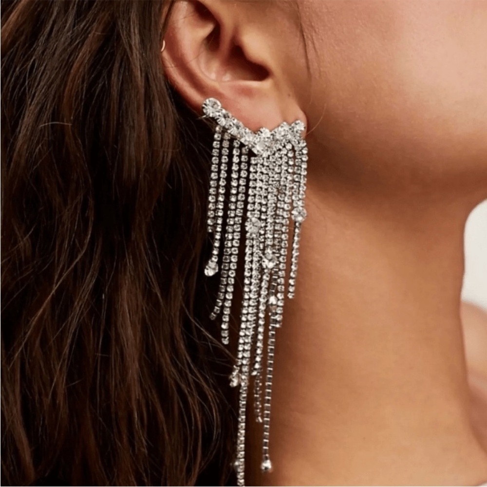NWT Free People Comeback Kid Ear Party silver rhinestone earrings